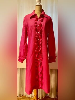 Donald Davies Fuchsia Ruffle-Front Midi Dress - Women's Elegant Shirt Dress, 14
